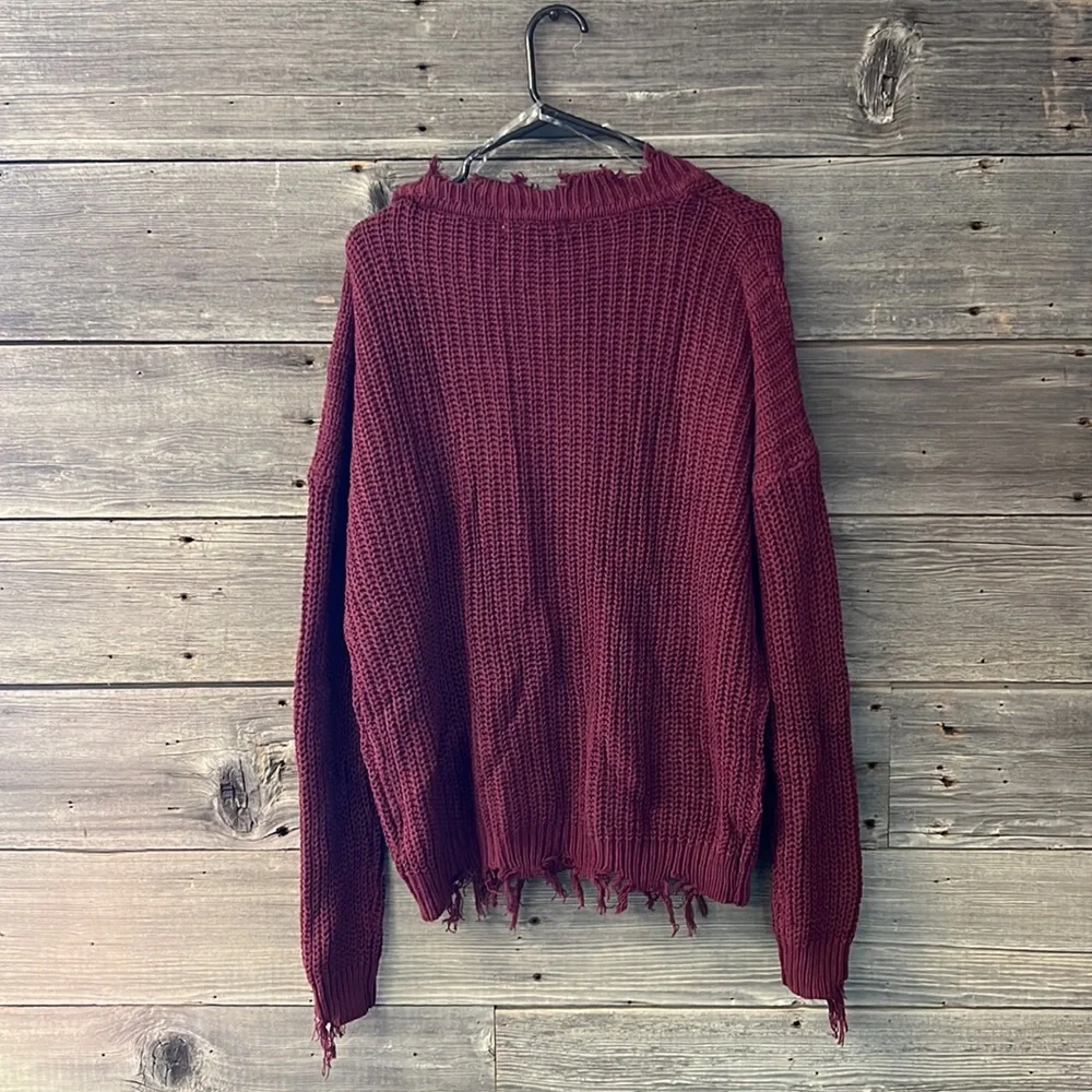 Emmer & Oat V-Neck Sweater w/ Raw Edges-Burgundy - Picture 4 of 4